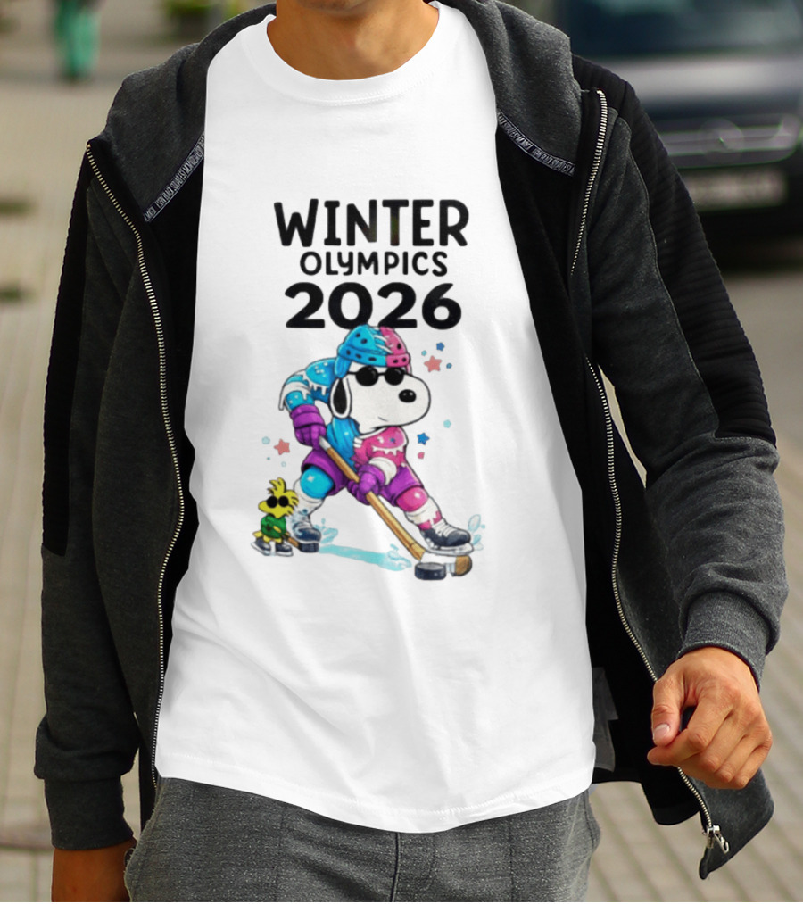 Snoopy Woodstock Winter Olympics 2026 Ice Hockey Milano Cortina T-Shirt