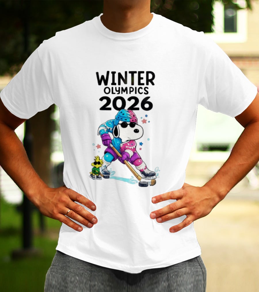 Snoopy Woodstock Winter Olympics 2026 Ice Hockey Milano Cortina T-Shirt
