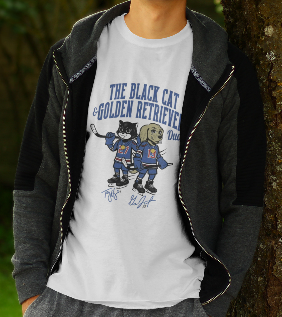 The Black Cat And Golden Retriever Duo Hockey Team 27 13 T-Shirt