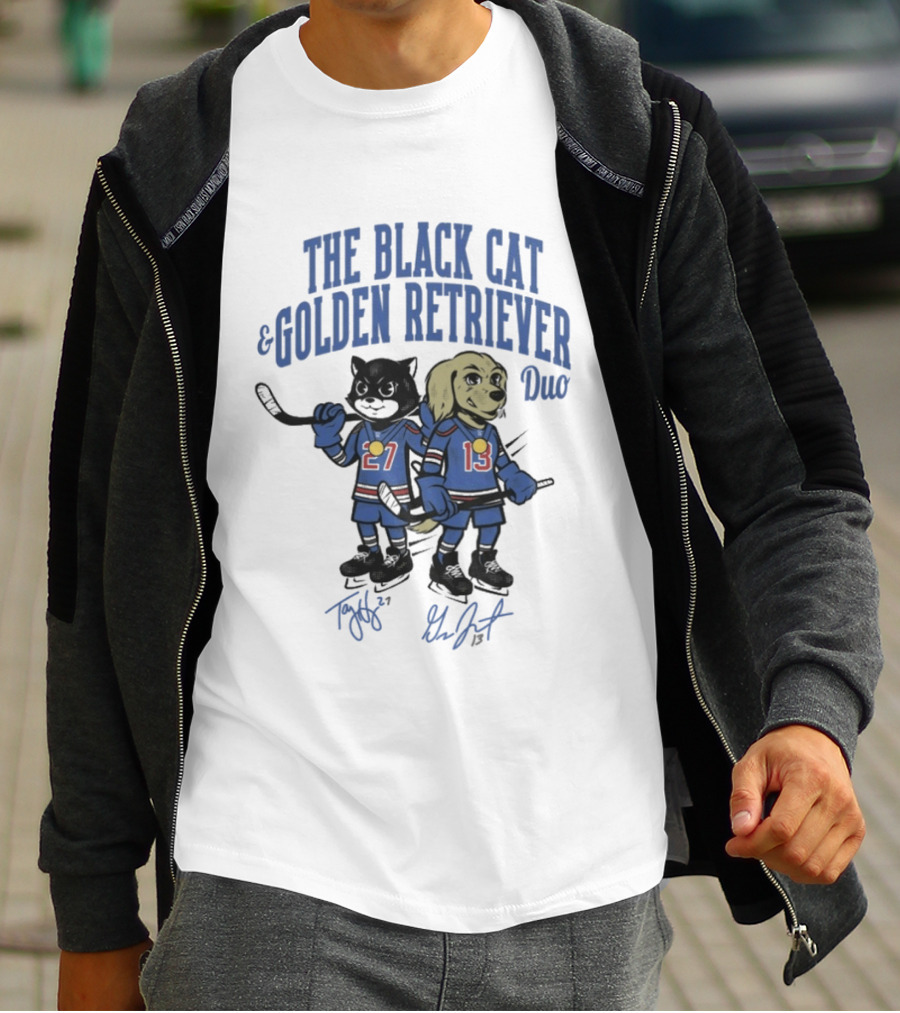 The Black Cat And Golden Retriever Duo Hockey Team 27 13 T-Shirt
