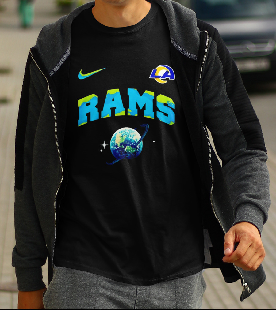 Los Angeles Rams Earth Day One Planet One Goal Nike Collaboration With LA Logo And Planet T-Shirt