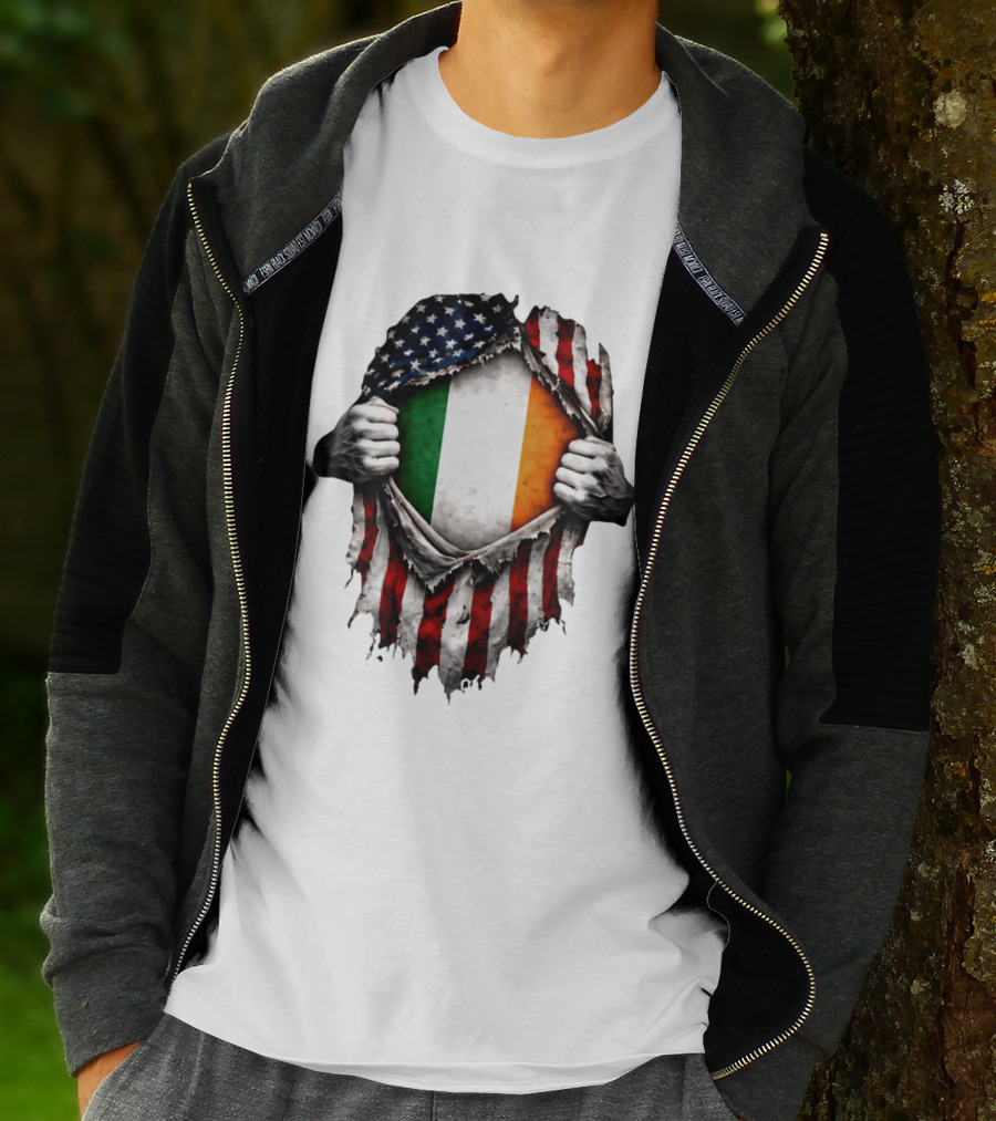 Irish Inside American Flag Tear With Ireland Flag T-Shirt
