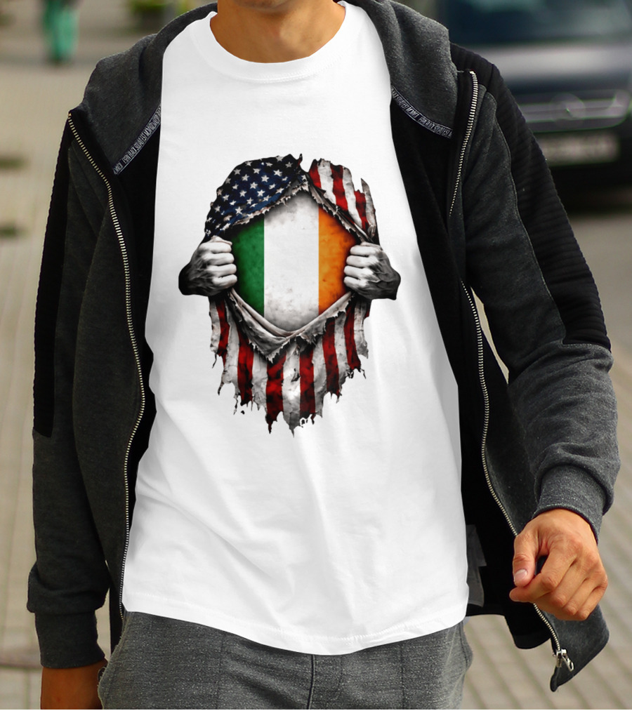 Irish Inside American Flag Tear With Ireland Flag T-Shirt