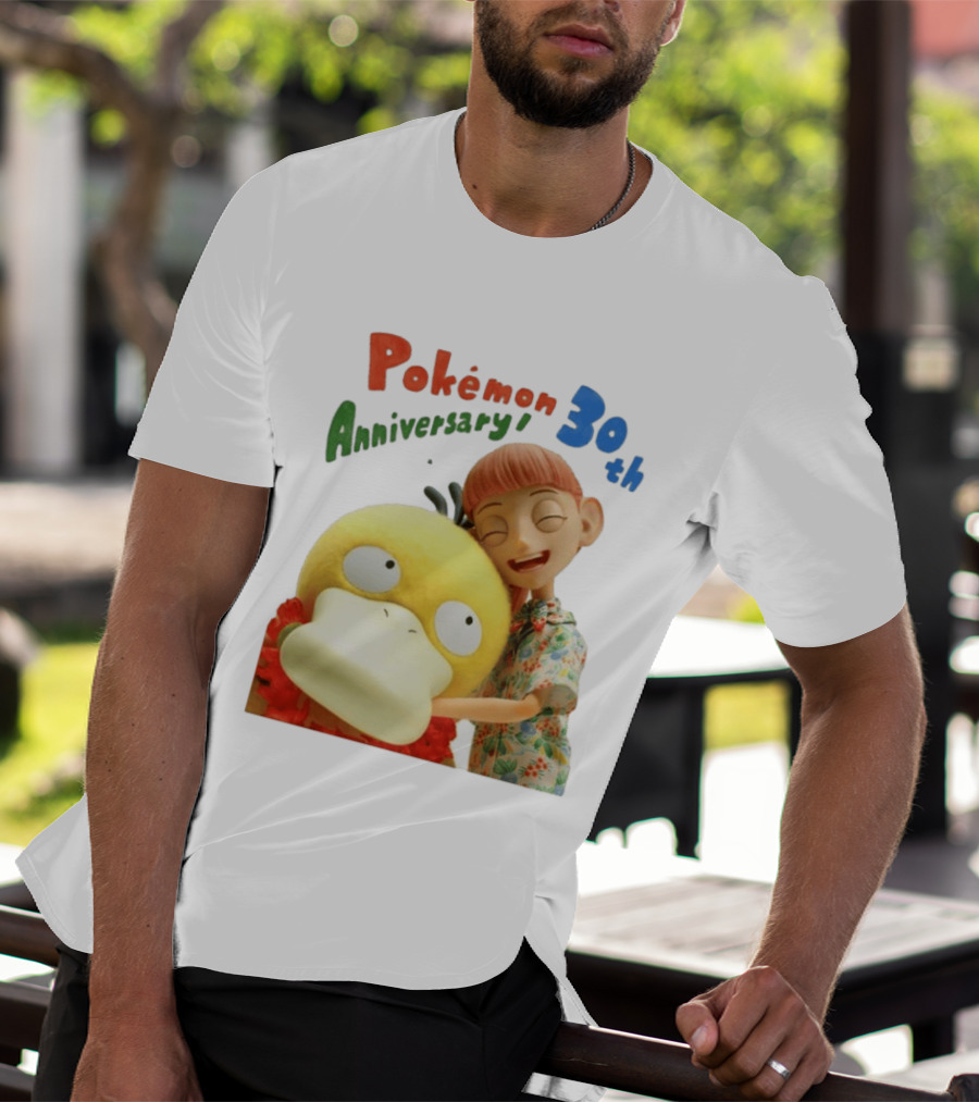 Pokémon 30th Anniversary Pokémon Concierge Psyduck Hugging Celebration T-Shirt