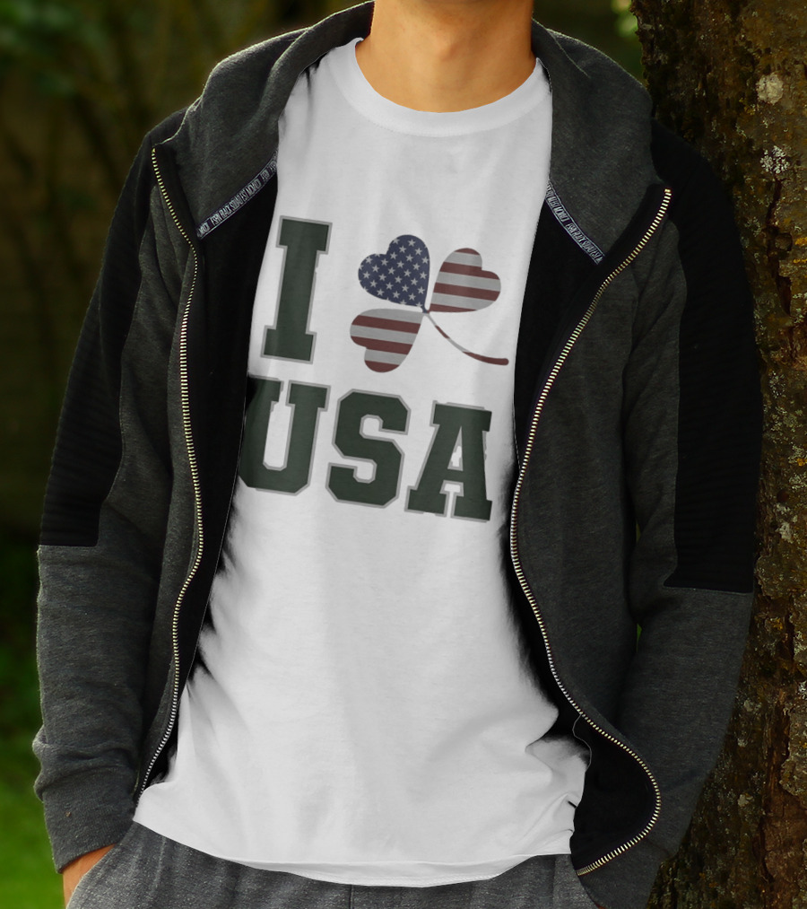 I Love USA St Patrick's Day Shamrock American Flag Heart T-Shirt