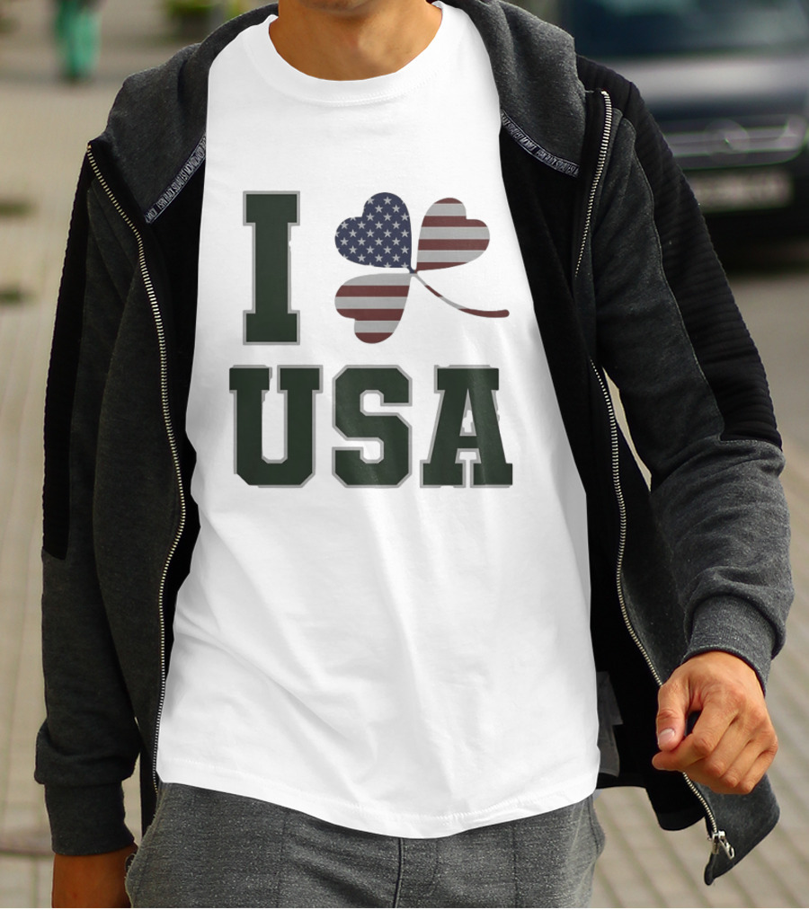 I Love USA St Patrick's Day Shamrock American Flag Heart T-Shirt