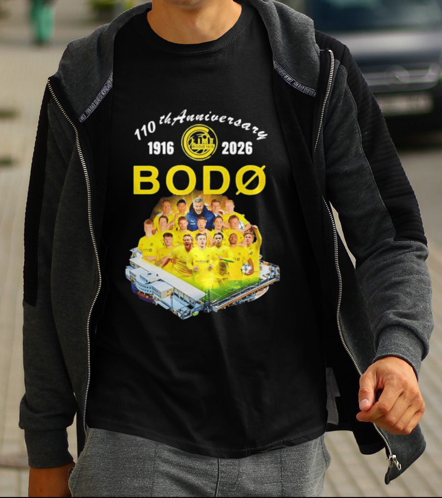 Bodø Glimt 110th Anniversary 1916 2026 Aspmyra Stadion Collage Featuring Players And Signatures T-Shirt