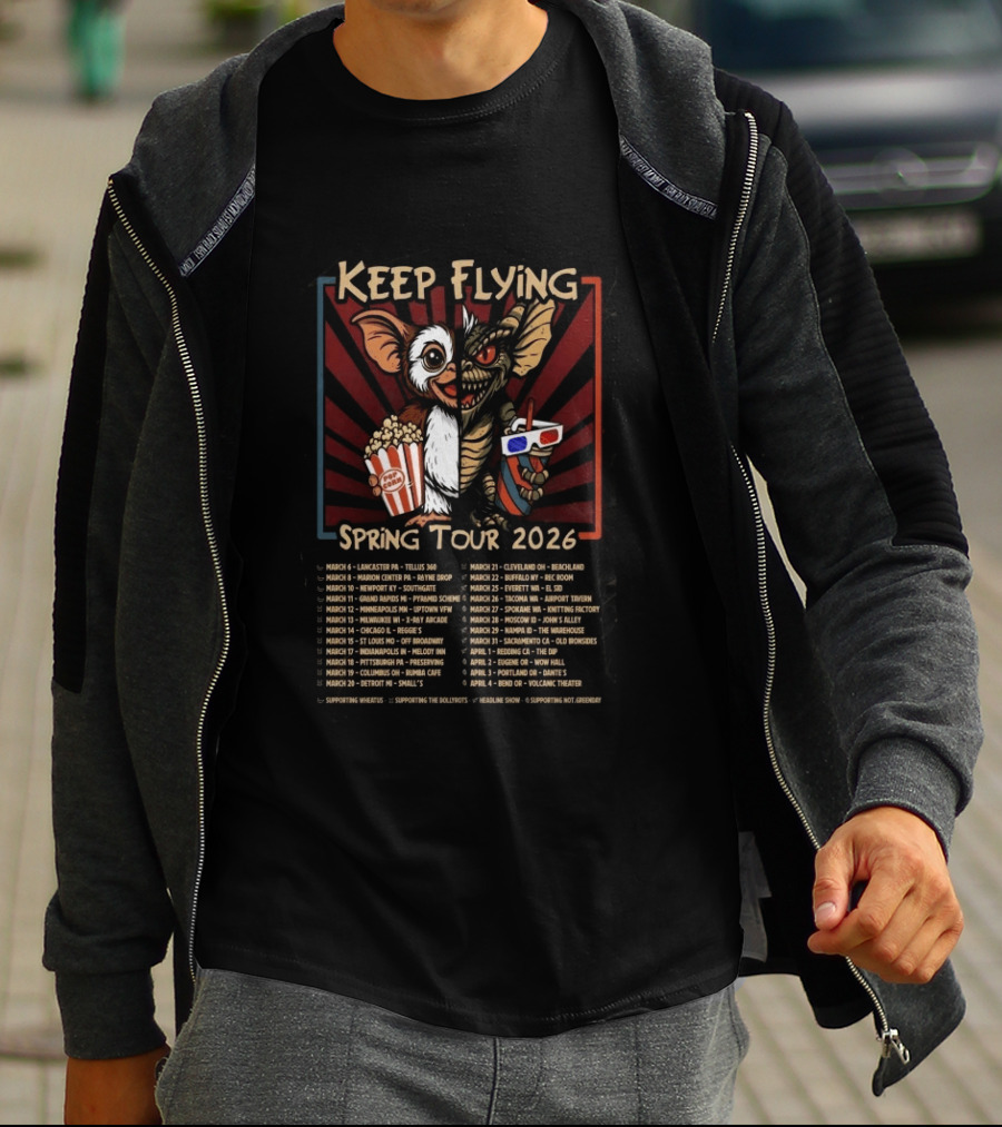 Keep Flying Spring Tour 2026 Gizmo And Gremlin Popcorn And Soda March Tour Dates T-Shirt