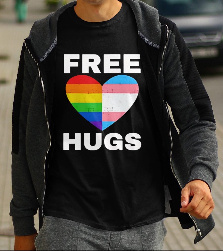 Free Hugs LGBTQ Rainbow Heart Pride T-Shirt