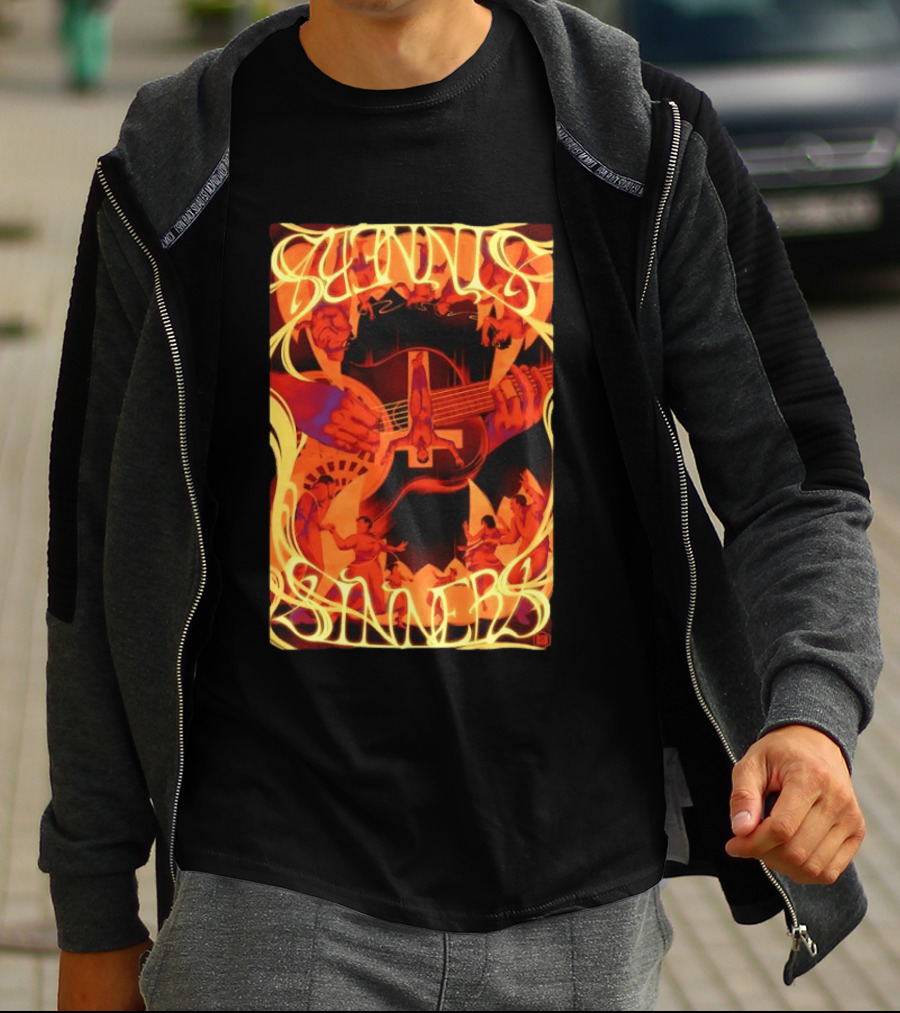 Sinners Pecadores Upside Down Guitar Person T-Shirt