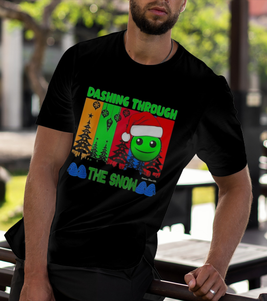 Dashing Through The Snow Emoji Santa Hat Christmas Trees Multicolor Snowflakes T-Shirt
