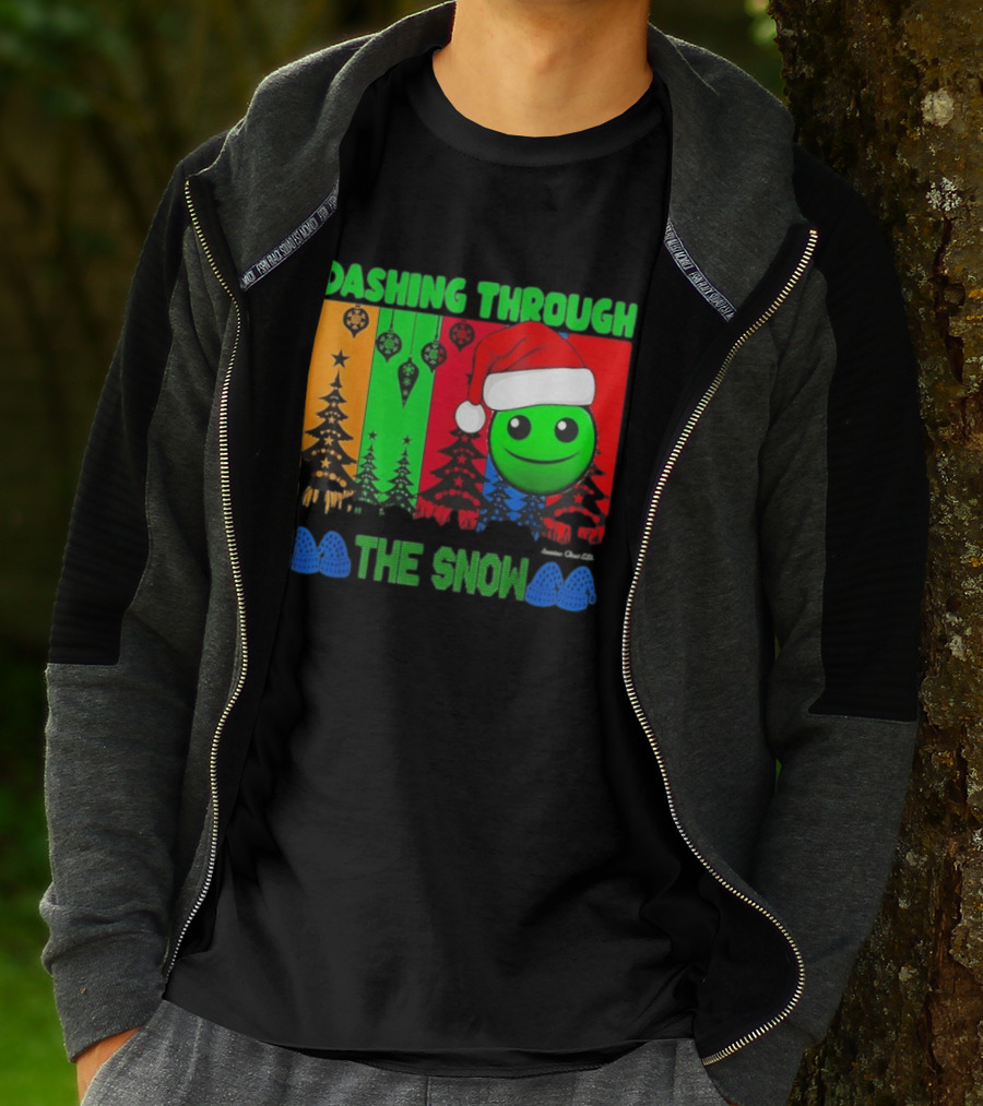 Dashing Through The Snow Emoji Santa Hat Christmas Trees Multicolor Snowflakes T-Shirt