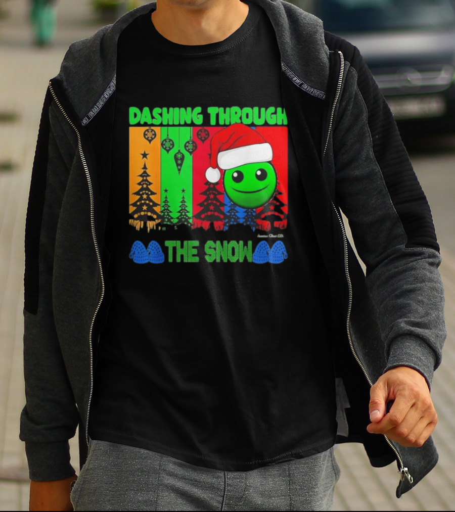 Dashing Through The Snow Emoji Santa Hat Christmas Trees Multicolor Snowflakes T-Shirt