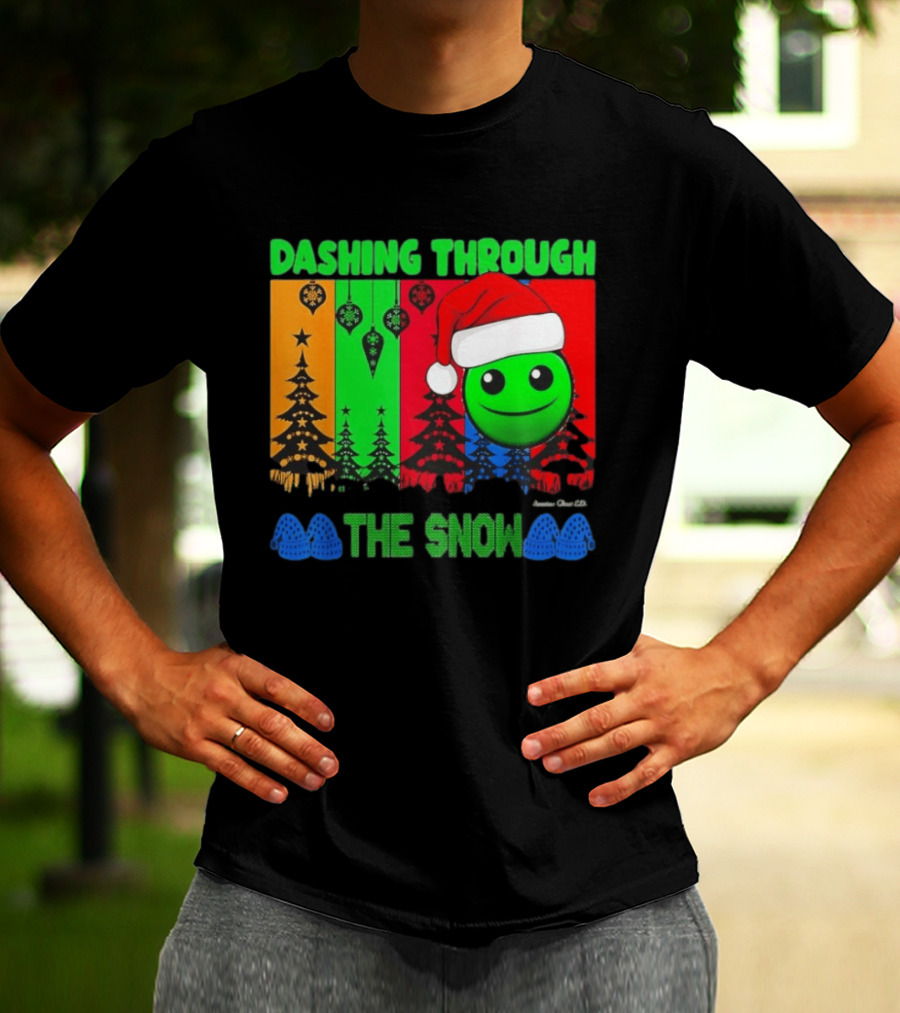 Dashing Through The Snow Emoji Santa Hat Christmas Trees Multicolor Snowflakes T-Shirt