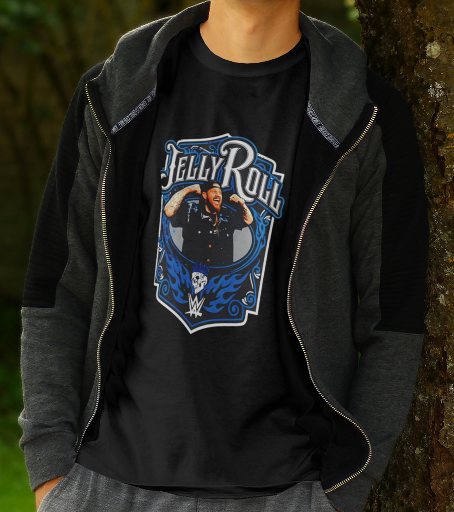Jelly Roll WWE Superstar Illustration With Flaming Skull And Tattooed Arms T-Shirt