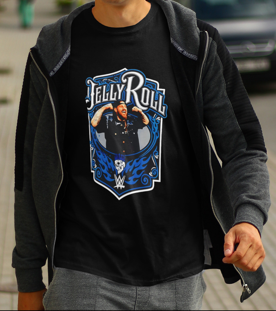 Jelly Roll WWE Superstar Illustration With Flaming Skull And Tattooed Arms T-Shirt