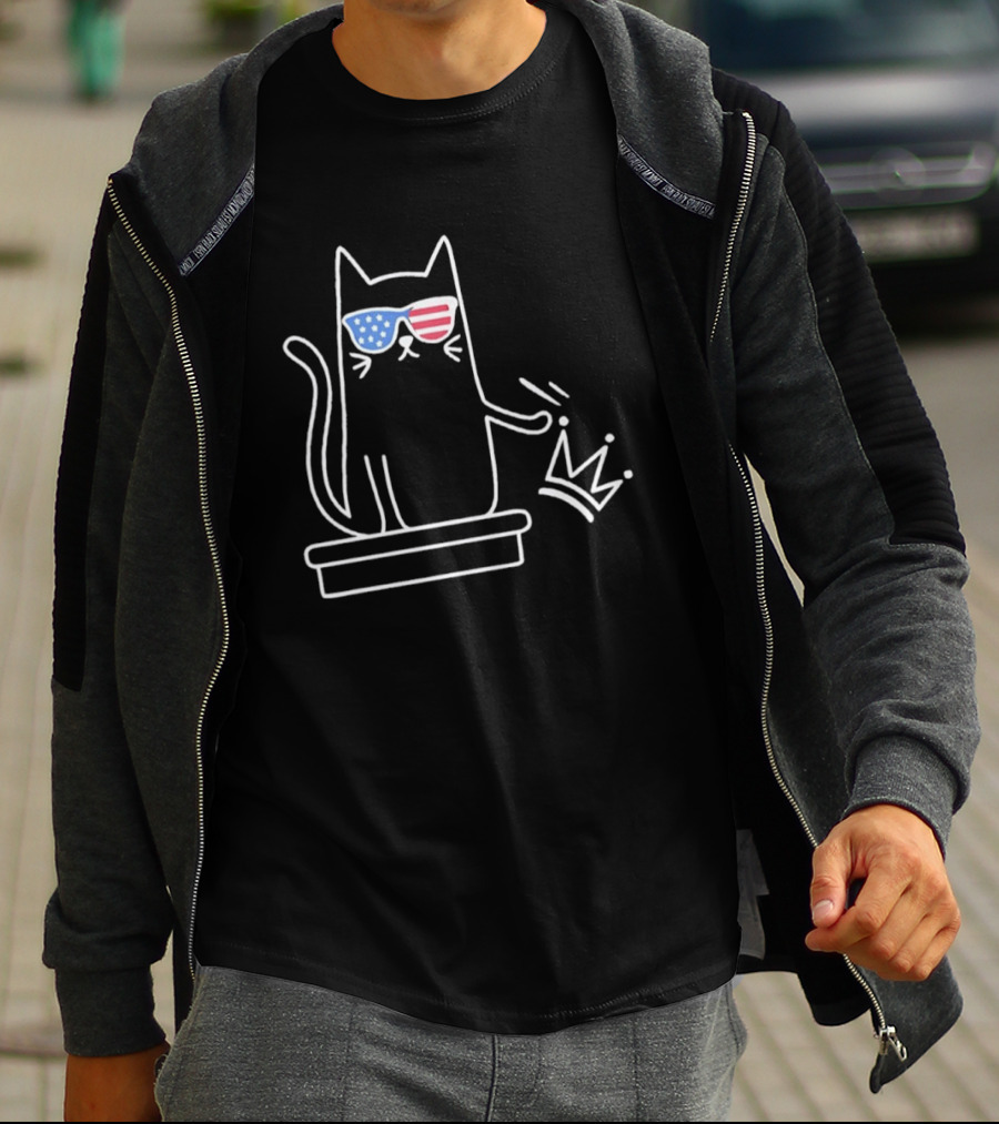 Cat No Kings In America Patriotic Sunglasses Sketch T-Shirt