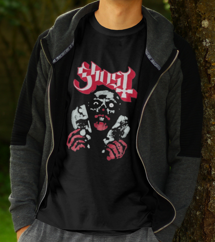 Ghost Mask Design Red And White Skulls And Hands T-Shirt