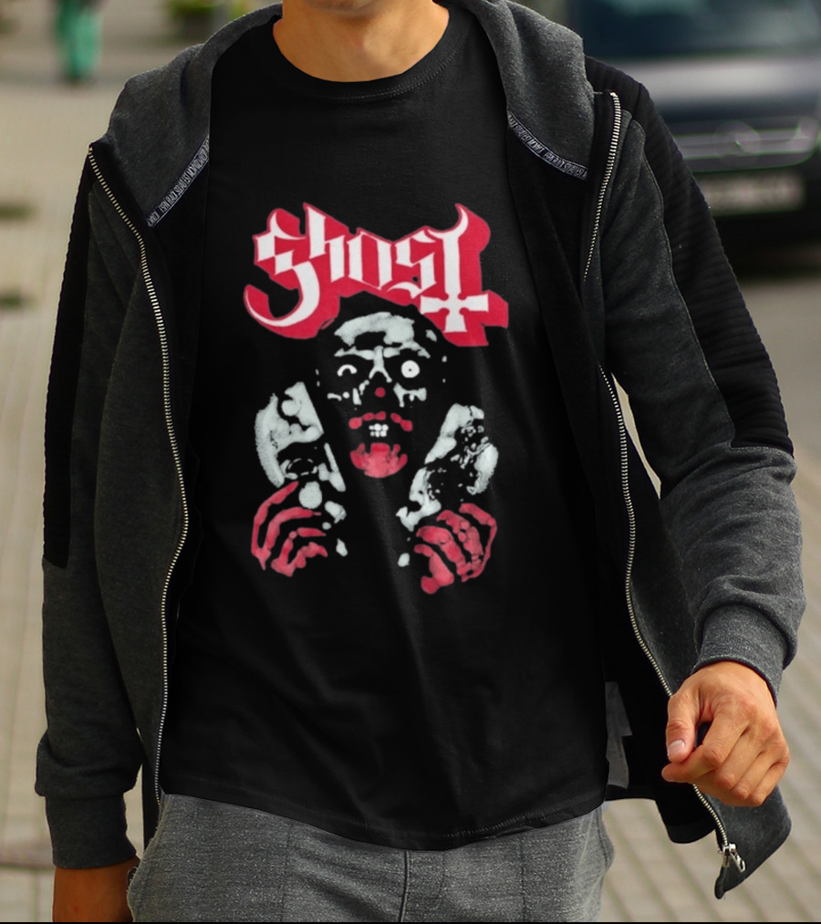 Ghost Mask Design Red And White Skulls And Hands T-Shirt