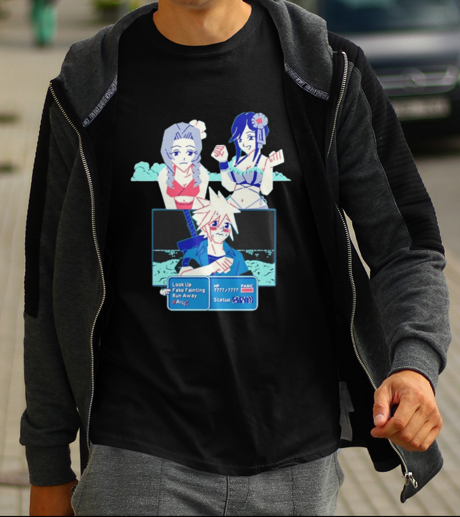 Cloud Strife Panic Aerith Tifa Final Fantasy VII Battle Scene Pixel T-Shirt