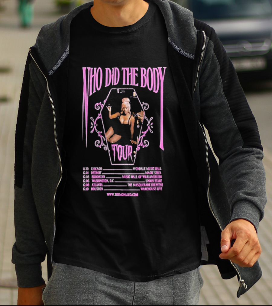 Monaleo Who Did The Body Tour December 2025 Dates Gothic Coffin Pink Black Six Cities Concert T-Shirt