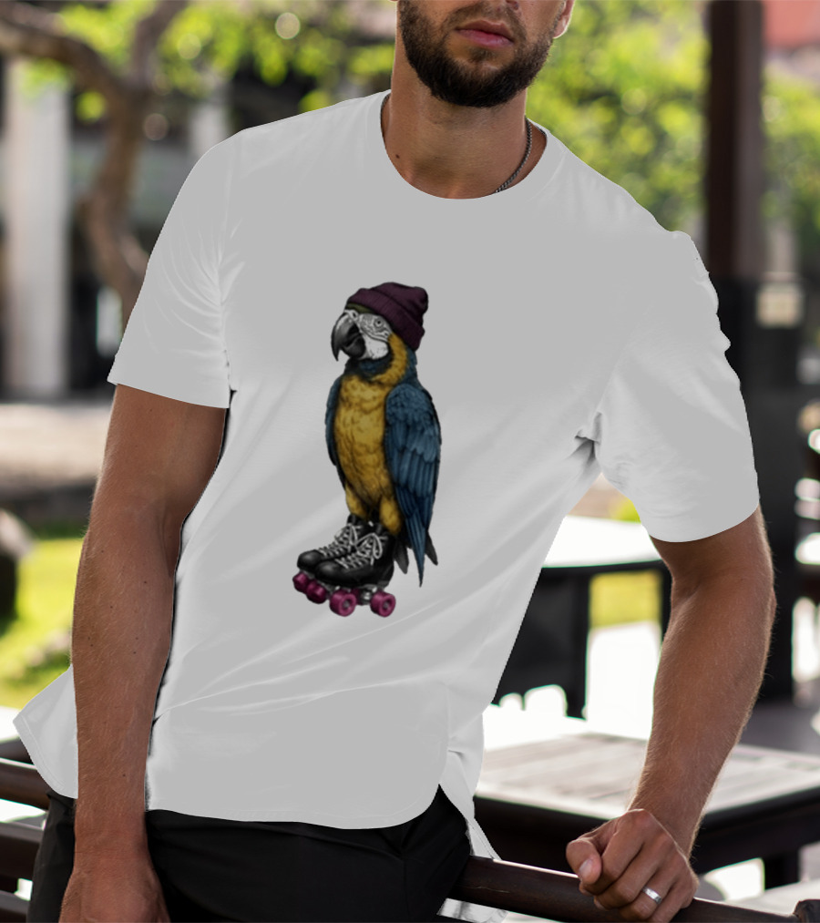 Nice Roller Skating Parrot With Hat And Colorful Feathers T-Shirt