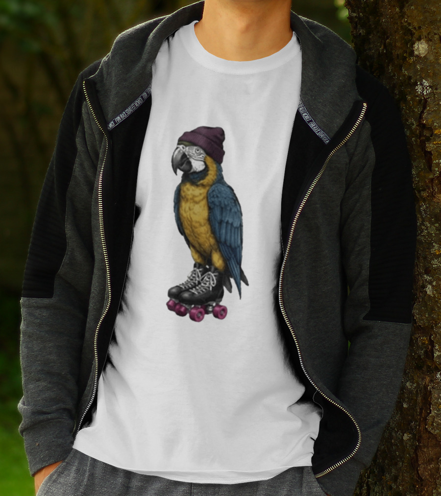 Nice Roller Skating Parrot With Hat And Colorful Feathers T-Shirt