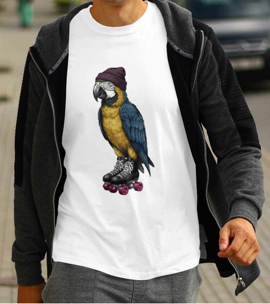 Nice Roller Skating Parrot With Hat And Colorful Feathers T-Shirt