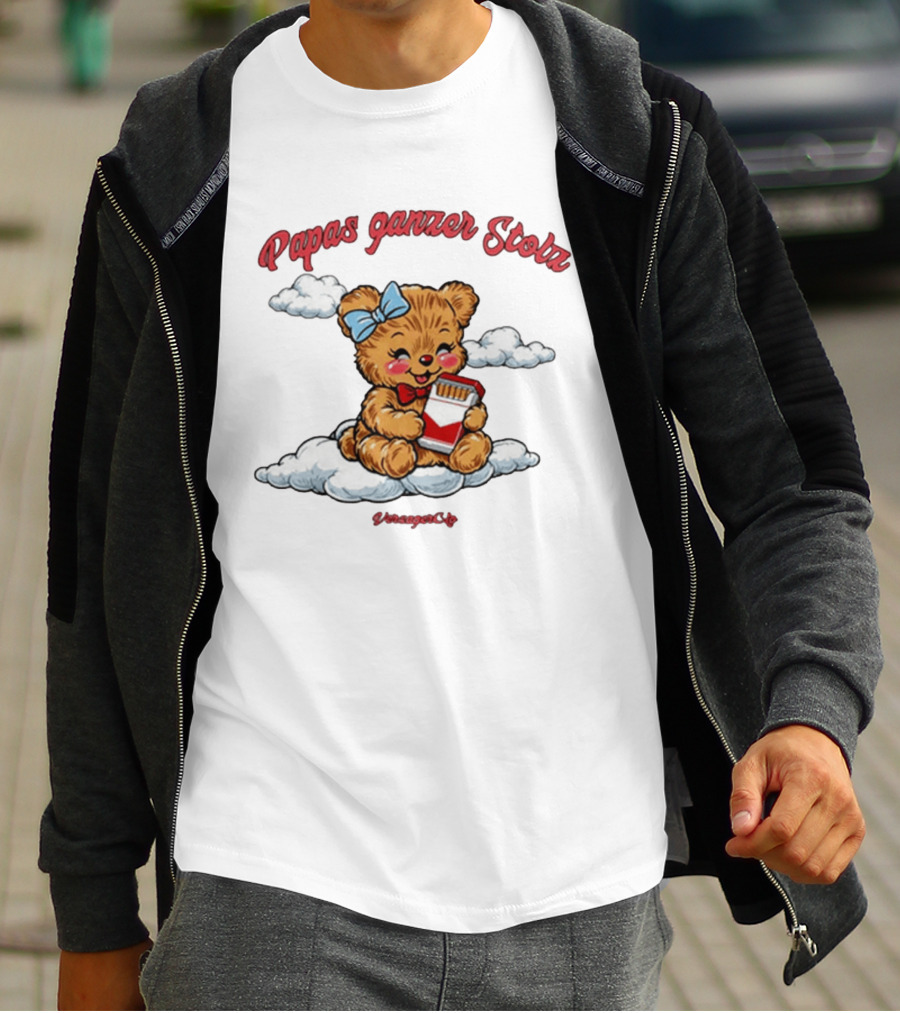 Papas Ganzer Stolz Bear With Bow Holding Cigarettes On Clouds T-Shirt