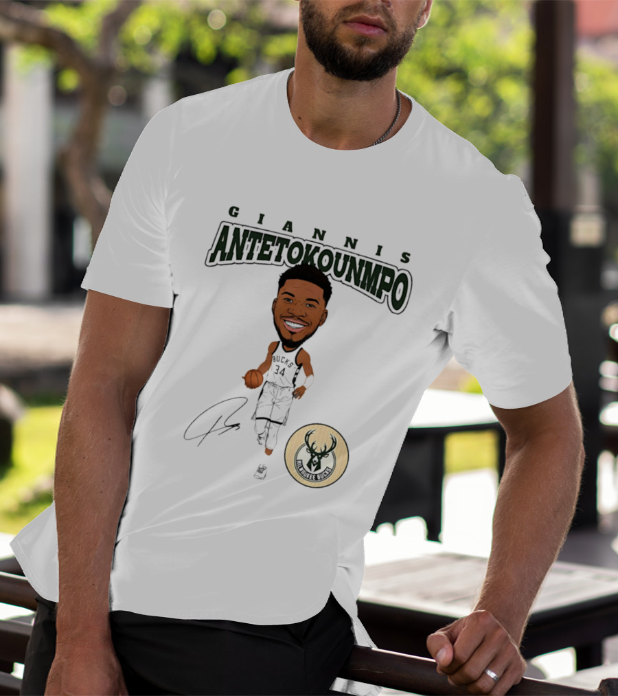 Giannis Antetokounmpo Milwaukee Bucks Hardwood Comic Caricature Basketball Signature 34 T-Shirt