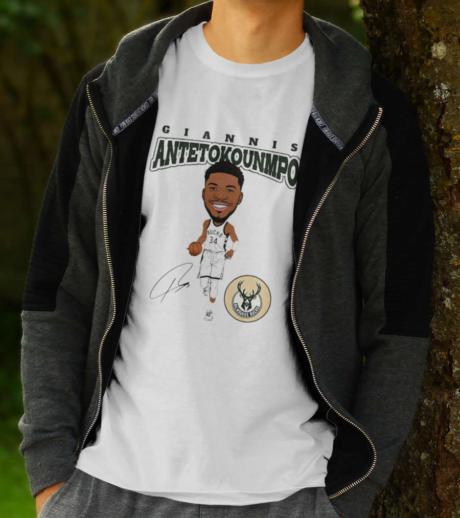 Giannis Antetokounmpo Milwaukee Bucks Hardwood Comic Caricature Basketball Signature 34 T-Shirt