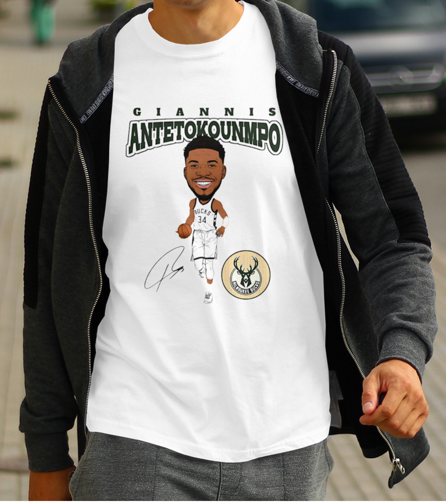 Giannis Antetokounmpo Milwaukee Bucks Hardwood Comic Caricature Basketball Signature 34 T-Shirt