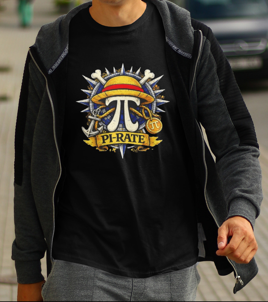 One Piece Pirate Straw Hat Pi Symbol Nautical Anchor Crossbones Medallion T-Shirt