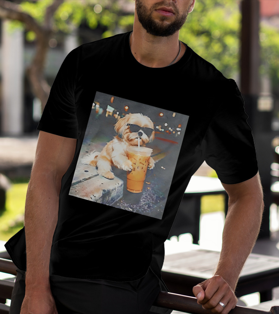 Shih Tzu Enjoying Iced Coffee At Night With Sunglasses T-Shirt
