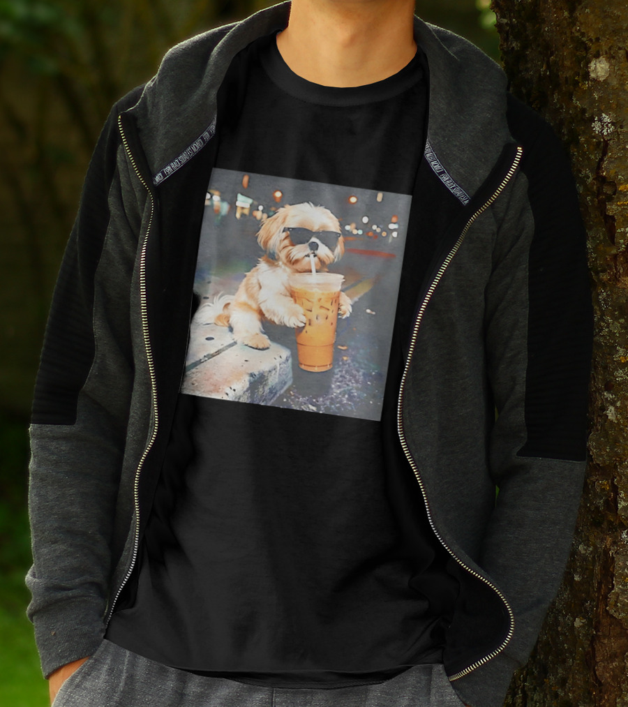 Shih Tzu Enjoying Iced Coffee At Night With Sunglasses T-Shirt