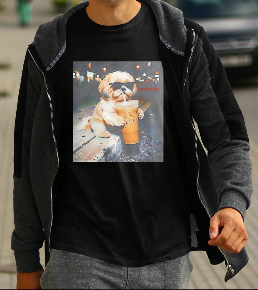 Shih Tzu Enjoying Iced Coffee At Night With Sunglasses T-Shirt