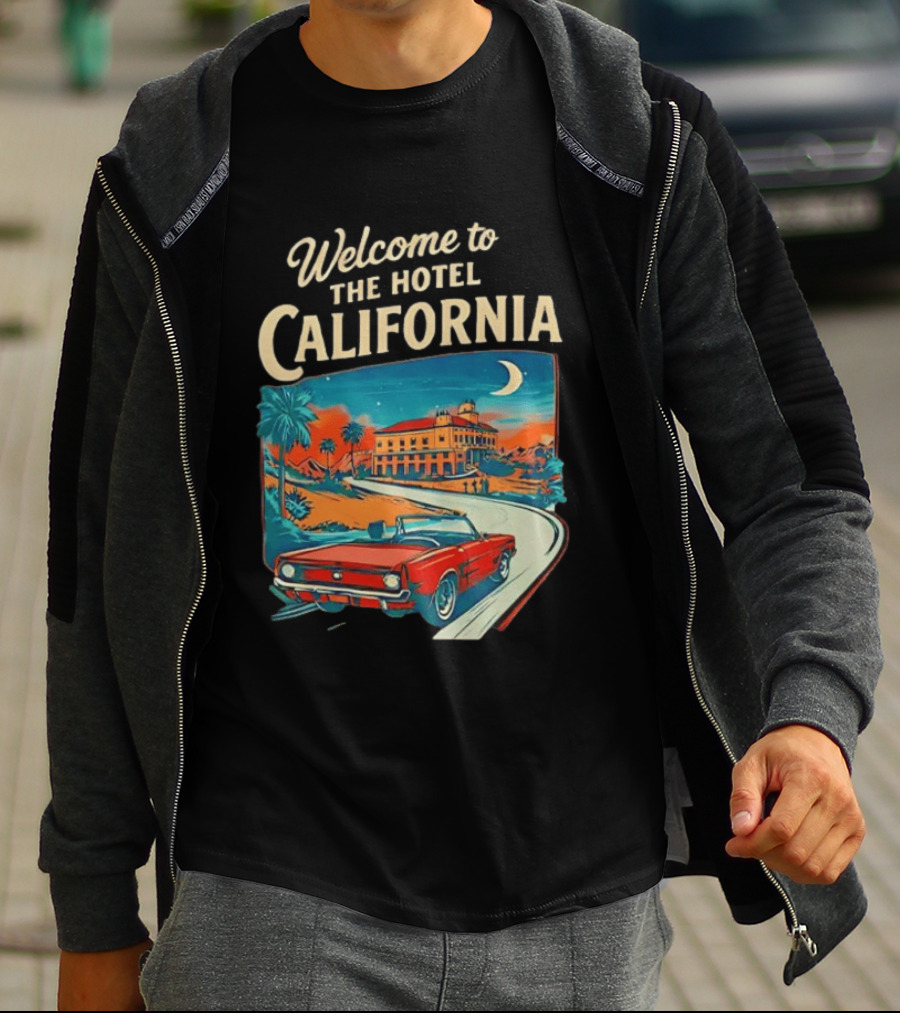 Welcome To The Hotel California Red Convertible Vintage Palm Trees Moonlit Scene T-Shirt