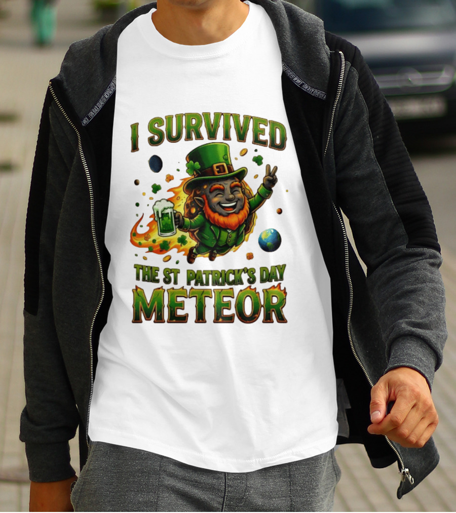 I Survived The St. Patrick's Day Meteor Leprechaun 2026 Green Beer Cheers And Peace T-Shirt