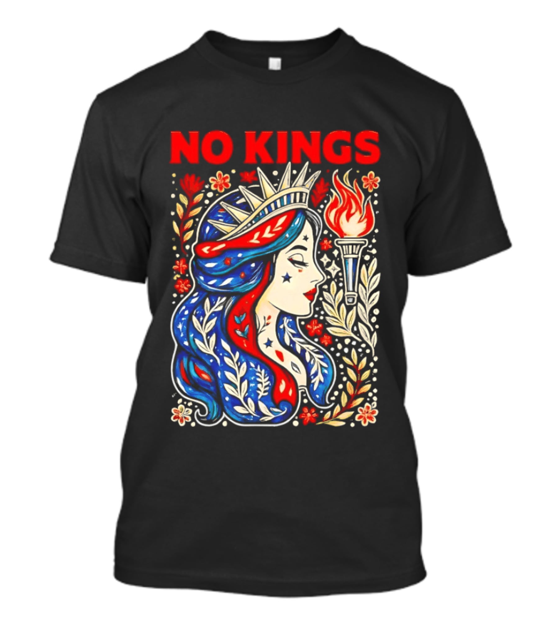 No Kings Liberty Crowned Woman Torch And Floral T-Shirt