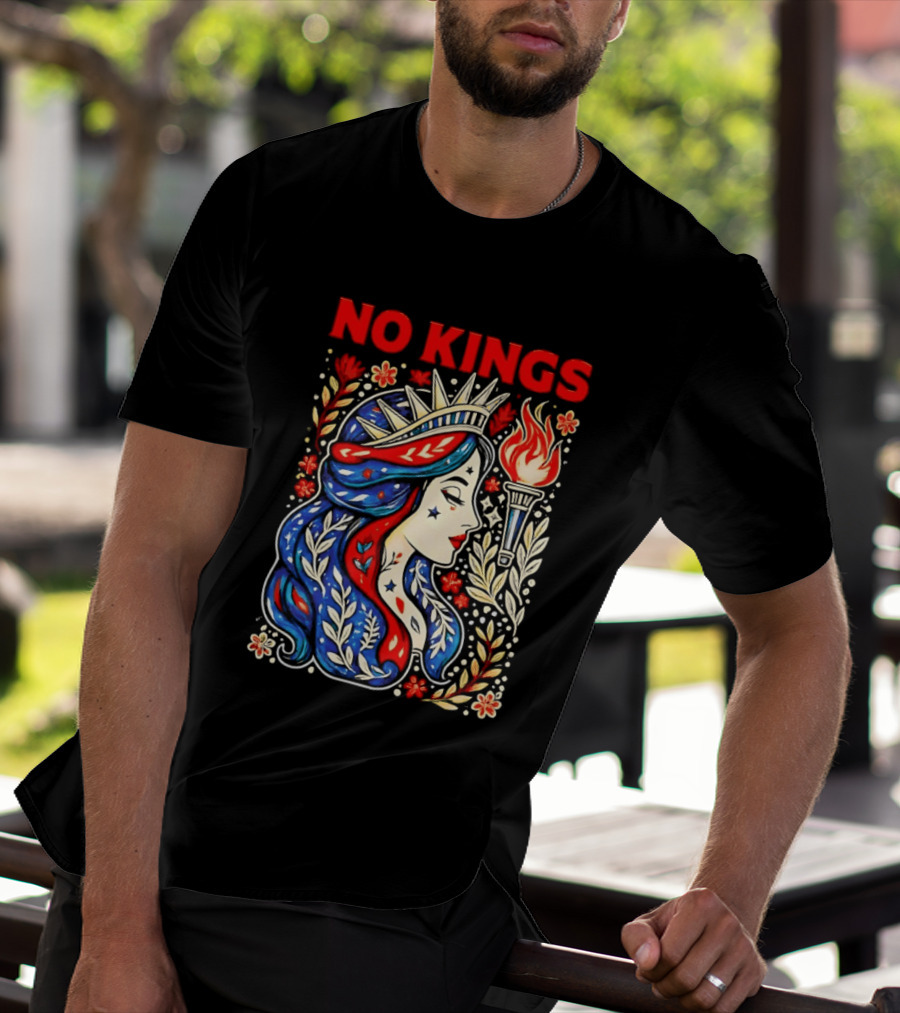 No Kings Liberty Crowned Woman Torch And Floral T-Shirt