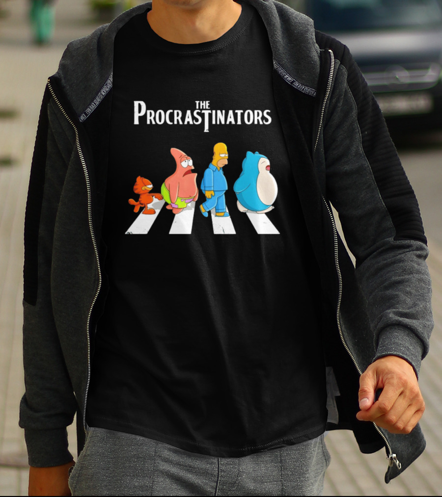 The Procrastinators Cartoon Abbey Road Parody With Iconic Characters Crossing T-Shirt