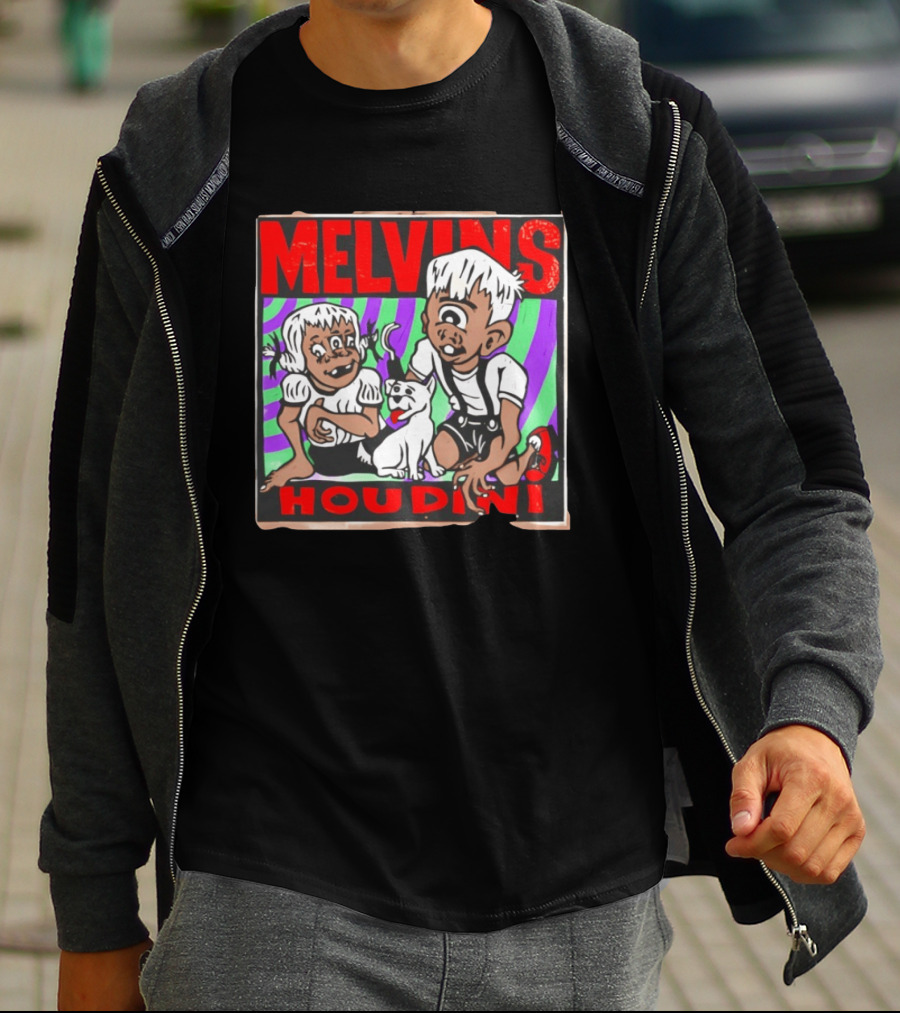 Melvins Houdini Album Cover Art With Two Cartoon Characters And Cat T-Shirt