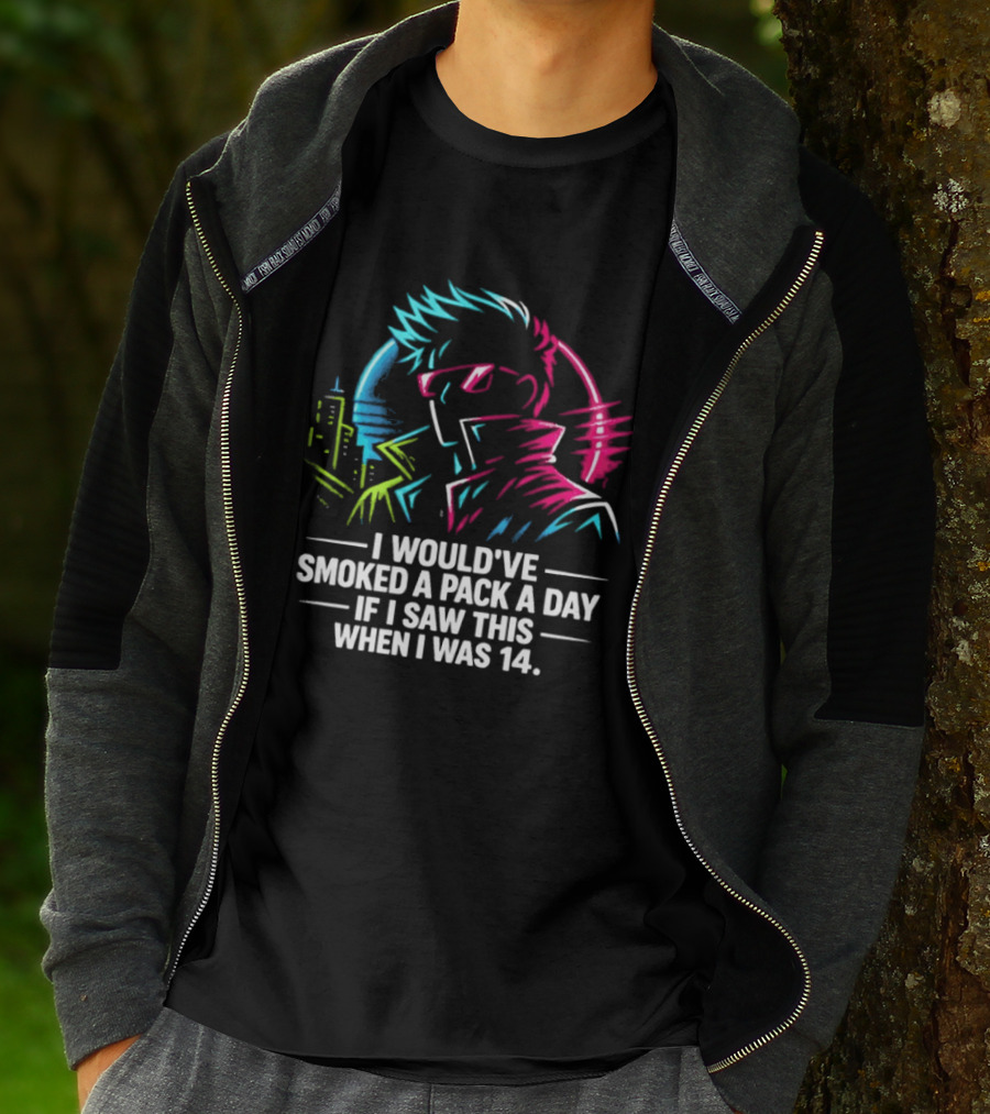 I Would've Smoked A Pack A Day If I Saw This When I Was 14 Retro Cyberpunk Cool Neon Cityscape T-Shirt