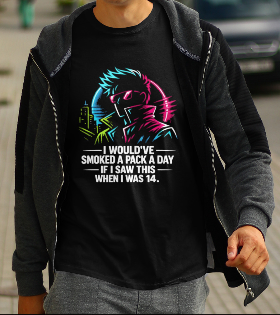 I Would've Smoked A Pack A Day If I Saw This When I Was 14 Retro Cyberpunk Cool Neon Cityscape T-Shirt