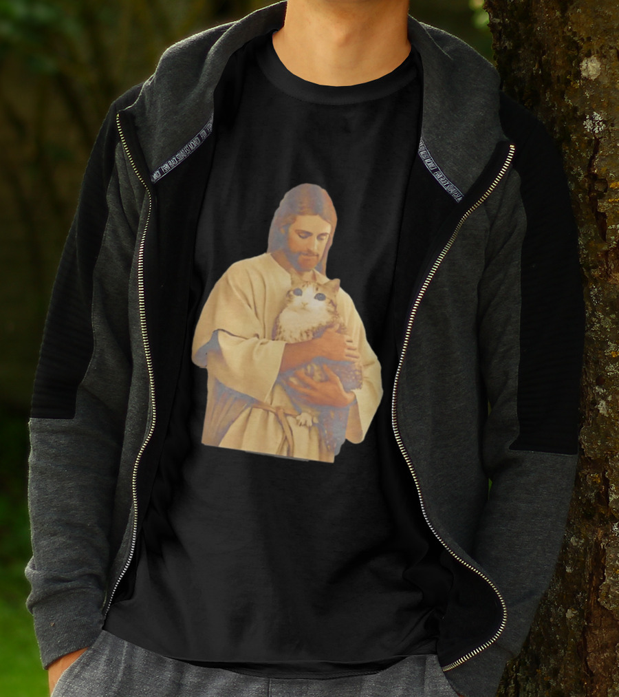 Jesus Embracing Chubby Cat T-Shirt
