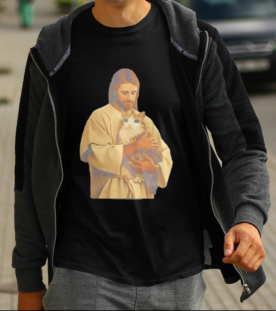 Jesus Embracing Chubby Cat T-Shirt