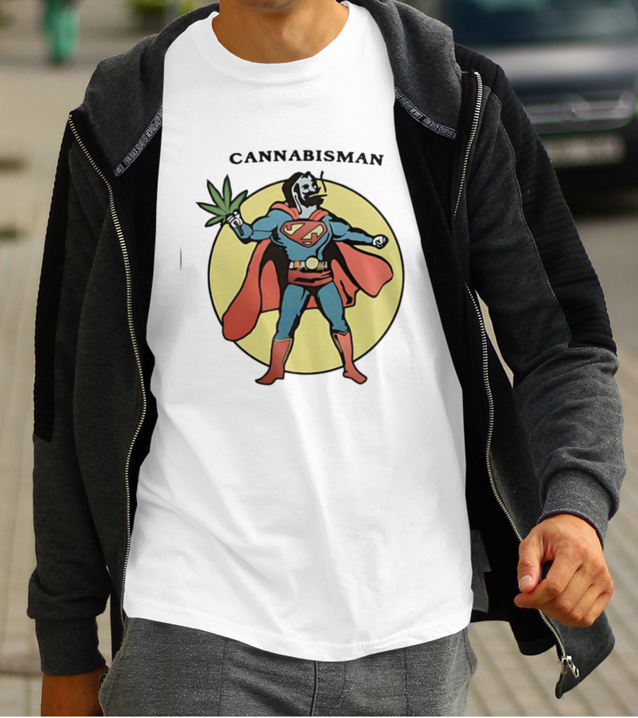 Cannabisman Superman Smoking Cannabis Holding Leaf T-Shirt