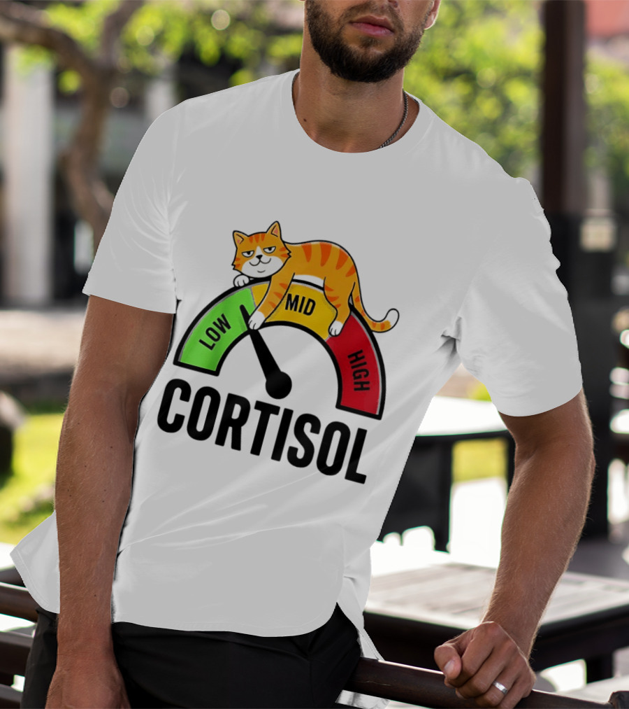 Cat Low Mid High Cortisol Level Meter With Relaxed Orange Cat T-Shirt