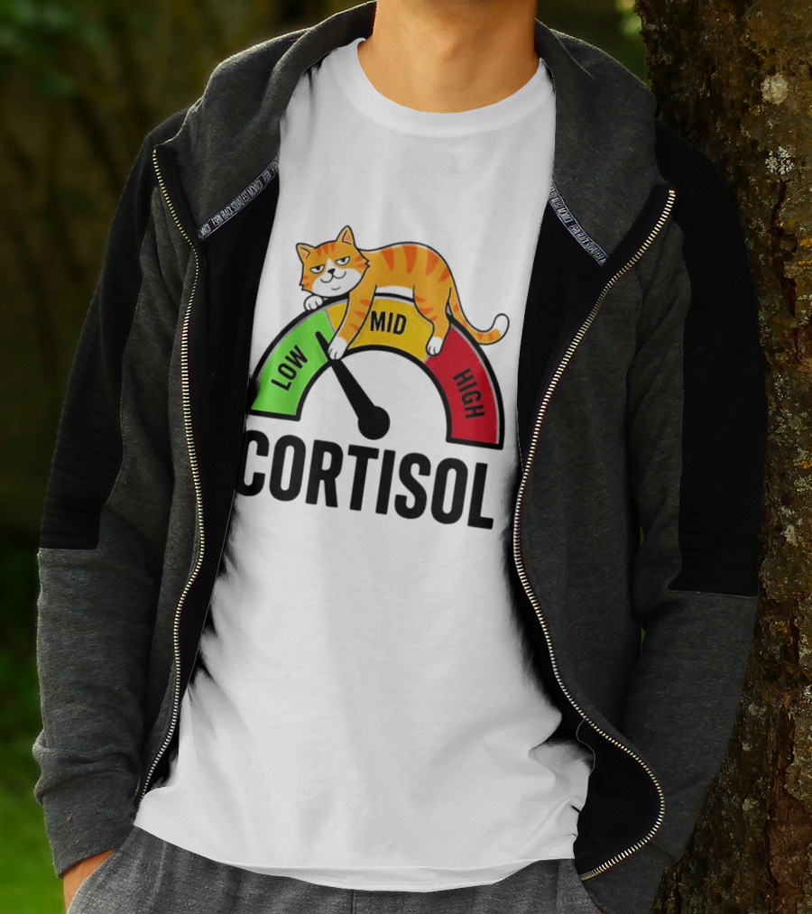 Cat Low Mid High Cortisol Level Meter With Relaxed Orange Cat T-Shirt