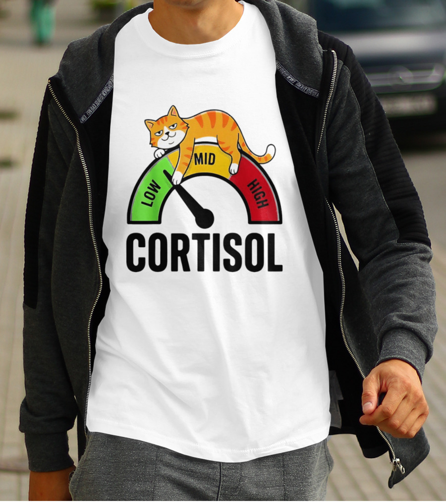 Cat Low Mid High Cortisol Level Meter With Relaxed Orange Cat T-Shirt